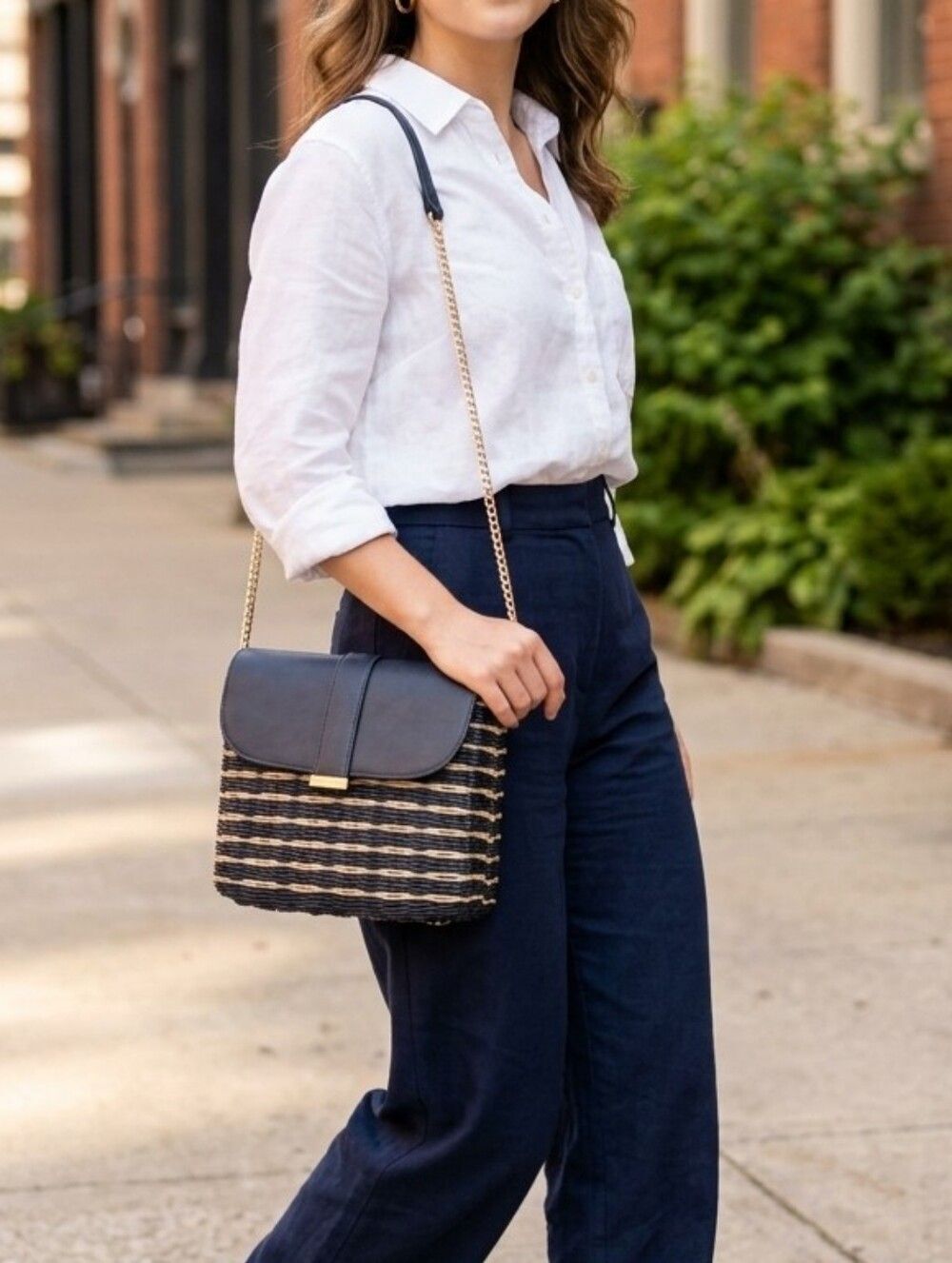 Talbots Navy Natural Woven Rattan Straw Crossbody Bag Gold Chain Flap